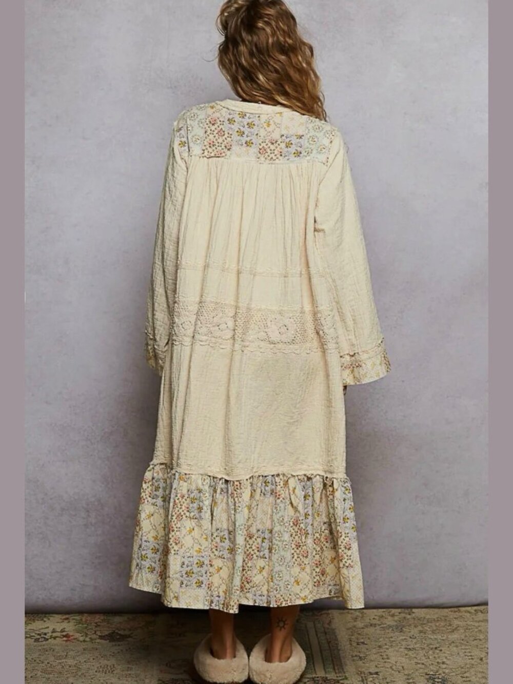 Pol Boho Midi Dress Double Gauze Patchwork Oversize Loose Fit Ivory Size S M L - Picture 9 of 11